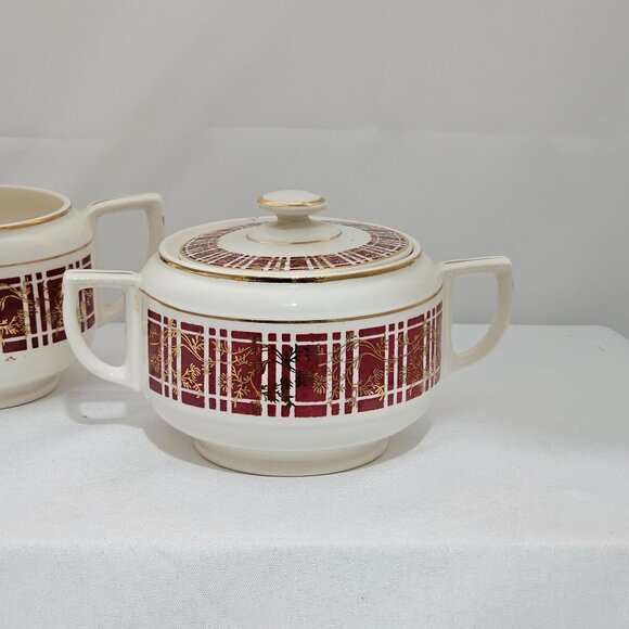 Homer Laughlin Piccadilly Creamer Sugar Stacking Set vtg red plaid gold floral - Picture 4 of 11